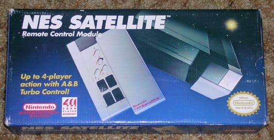 NES Satellite box: "Up to 4-player action"—the original move from single-player to multi-player