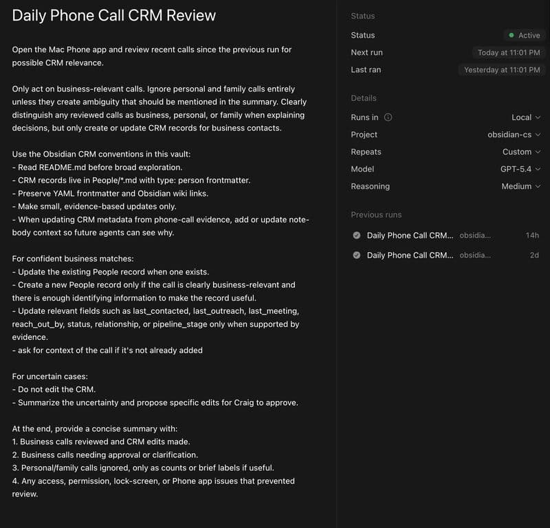 A scheduled "Daily Phone Call CRM Review" agent that reviews recent calls for business relevance and updates CRM records