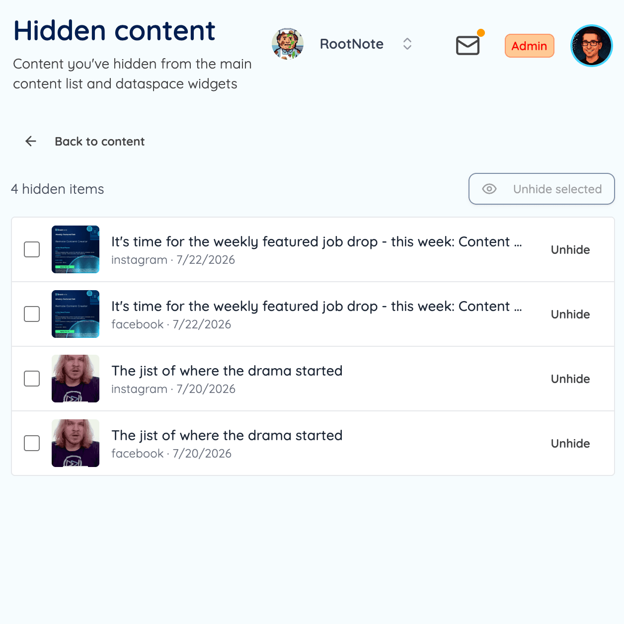 RootNote’s hidden content screen for restoring content archived from the wrong connected account.