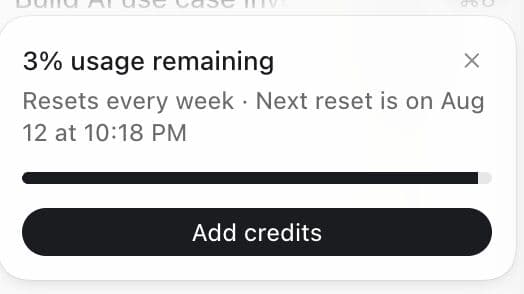 A usage limit warning showing 3% usage remaining, resetting next week