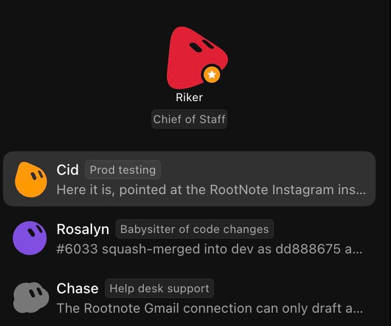 A list of named persona agents: Riker (Chief of Staff), Cid (Prod testing), Rosalyn (Babysitter of code changes), and Chase (Help desk support)