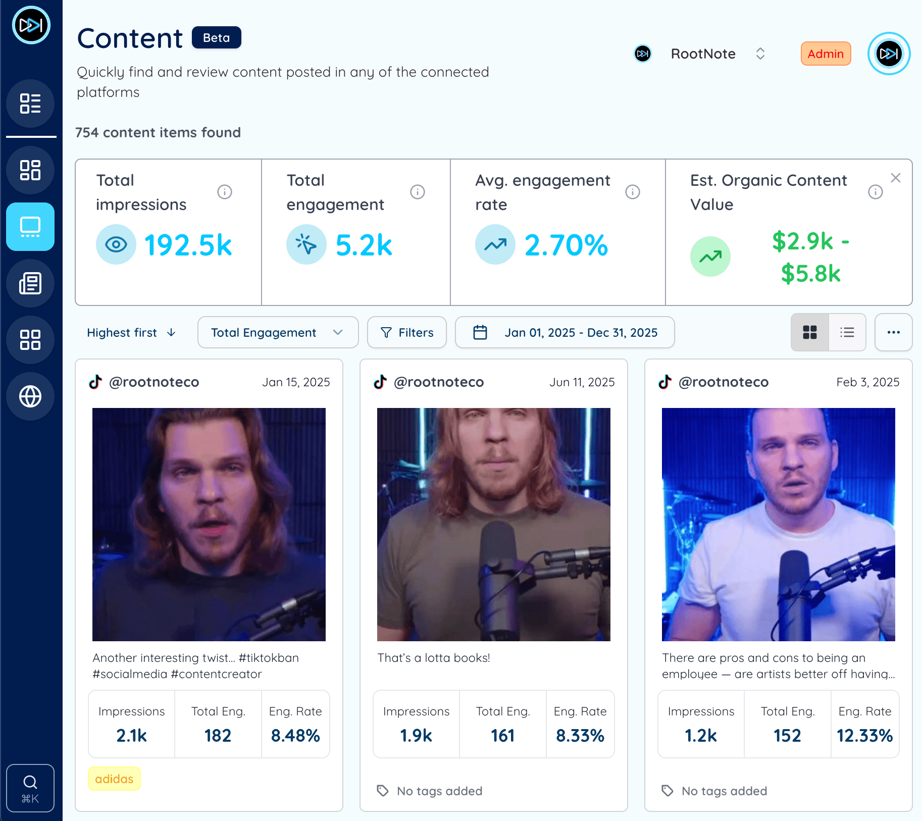 The desktop view of the rootnote content page