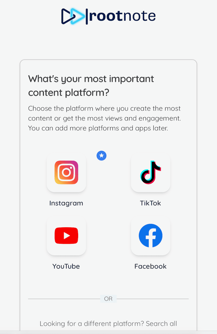 A refined selector in the onboarding flow for the key platforms that sync content level analytics